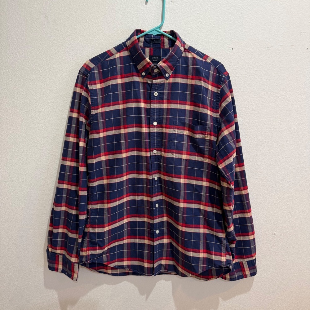 J.Crew Mens Slim Fit Plaid Oxford Button Down Shirt Navy Red C4283 Large